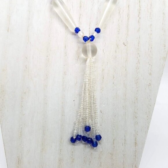 Vintage Glass Bead Tassel Necklace 31" Long Blue Clear Beads For Elegant Style - Picture 4 of 11